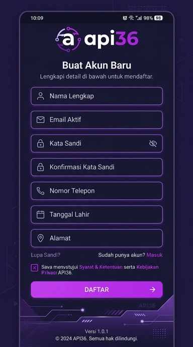Tampilan halaman daftar api36