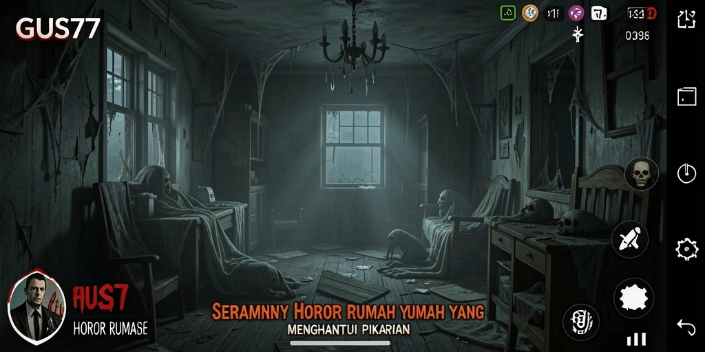 Tampilan antarmuka GUS77 yang menambah suasana horor rumah.
