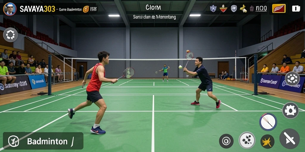 Tampilan antarmuka permainan Badminton yang menarik dan interaktif.